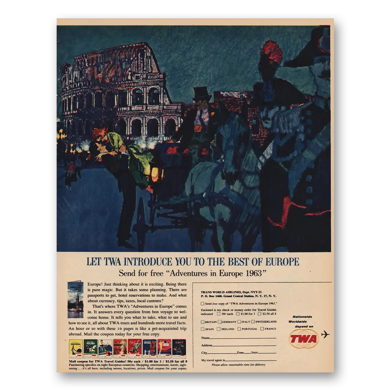 1963 TWA Adventures In Europe Vintage Magazine Print Ad