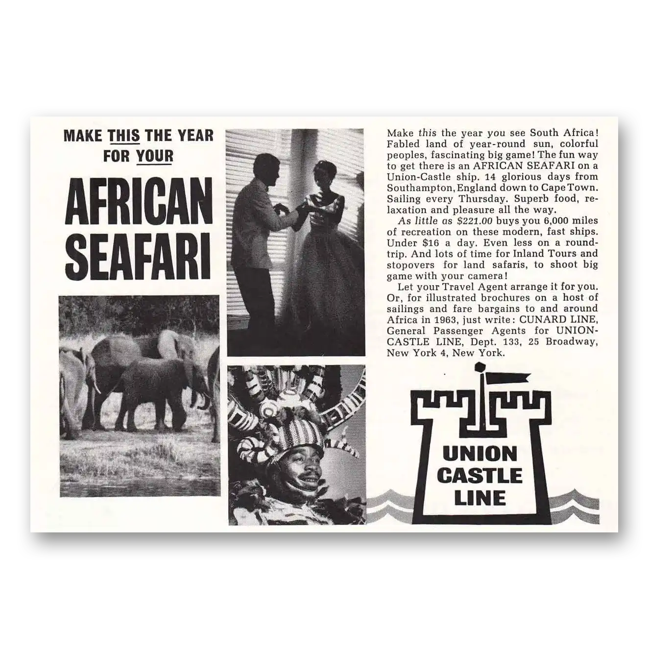 1963 Union Castle Line African Safari Vintage Magazine Print Ad