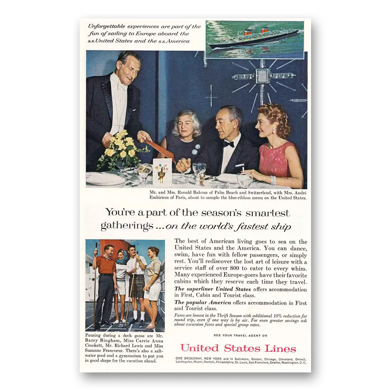 1963 United States Lines World's Fastest Ship Diners Vintage Magazine Print Ad