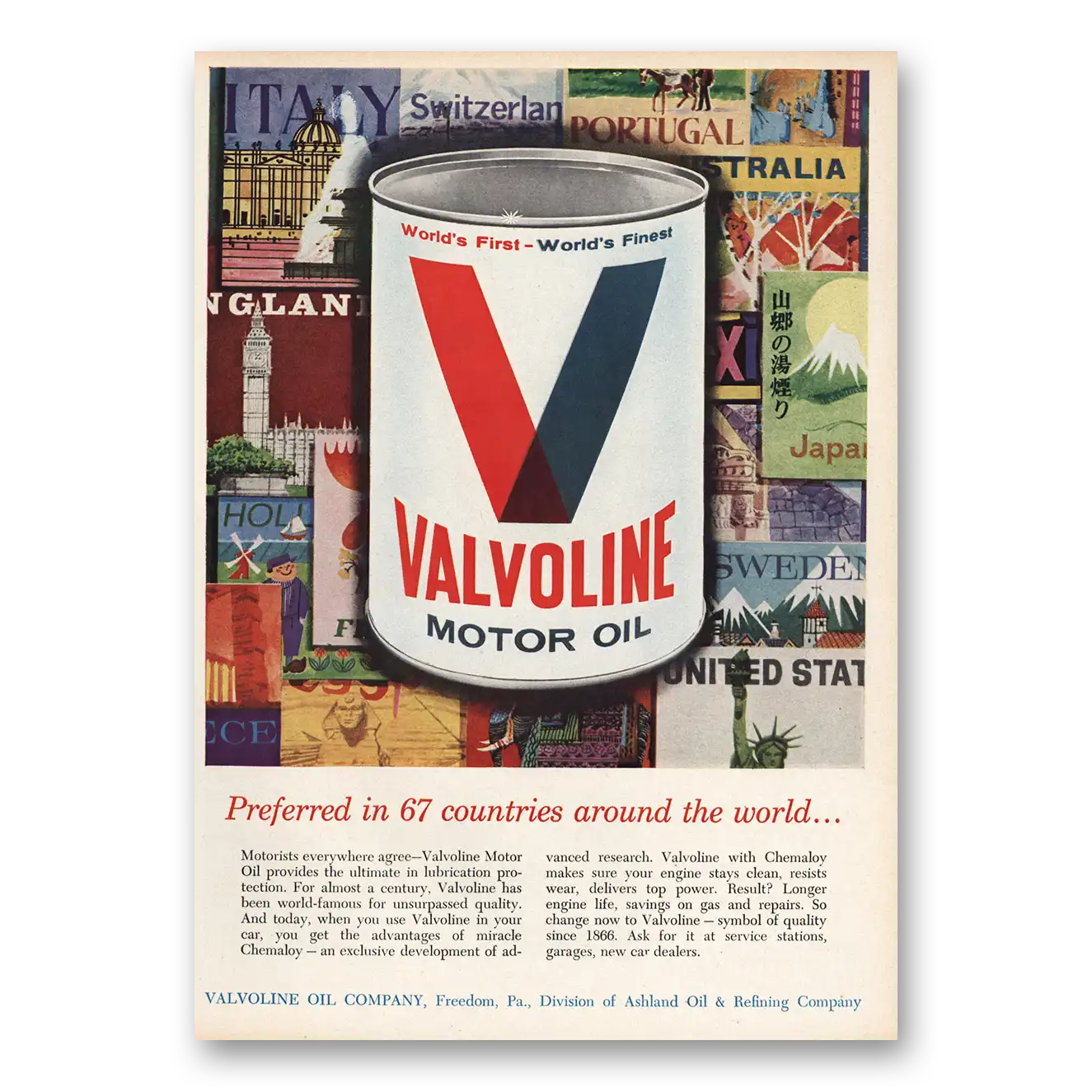 1963 Valvoline Motor Oil Preferred in 67 Countries Vintage Magazine Print Ad