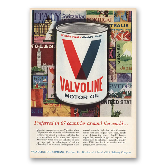 1963 Valvoline Motor Oil Preferred in 67 Countries Vintage Magazine Print Ad