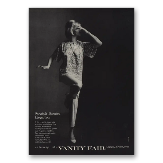 1963 Vanity Fair Undergarments Night Blooming Carnations Vintage Magazine Print Ad