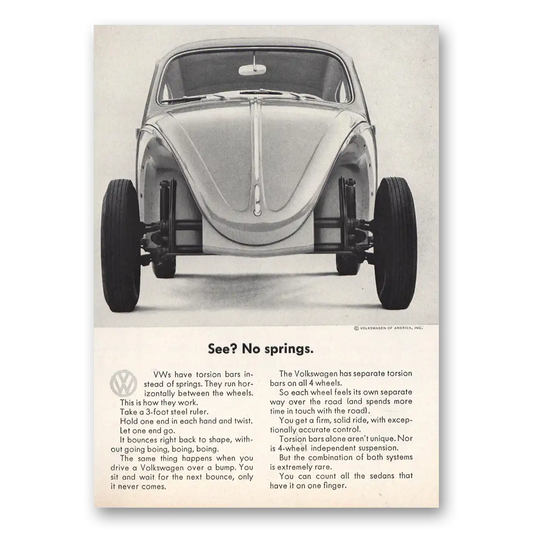 1963 Volkswagen Beetle See No Springs Vintage Magazine Print Ad