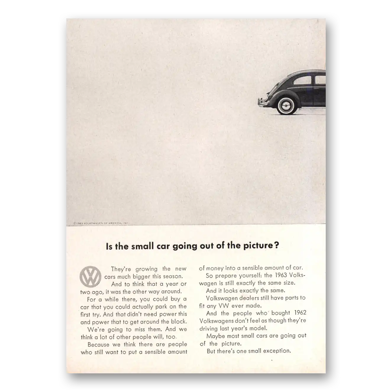 1963 Volkswagen Beetle Small Car Going Out of the Picture Vintage Magazine Print Ad