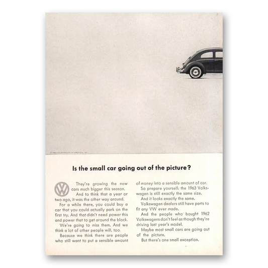 1963 Volkswagen Beetle Small Car Going Out of the Picture Vintage Magazine Print Ad