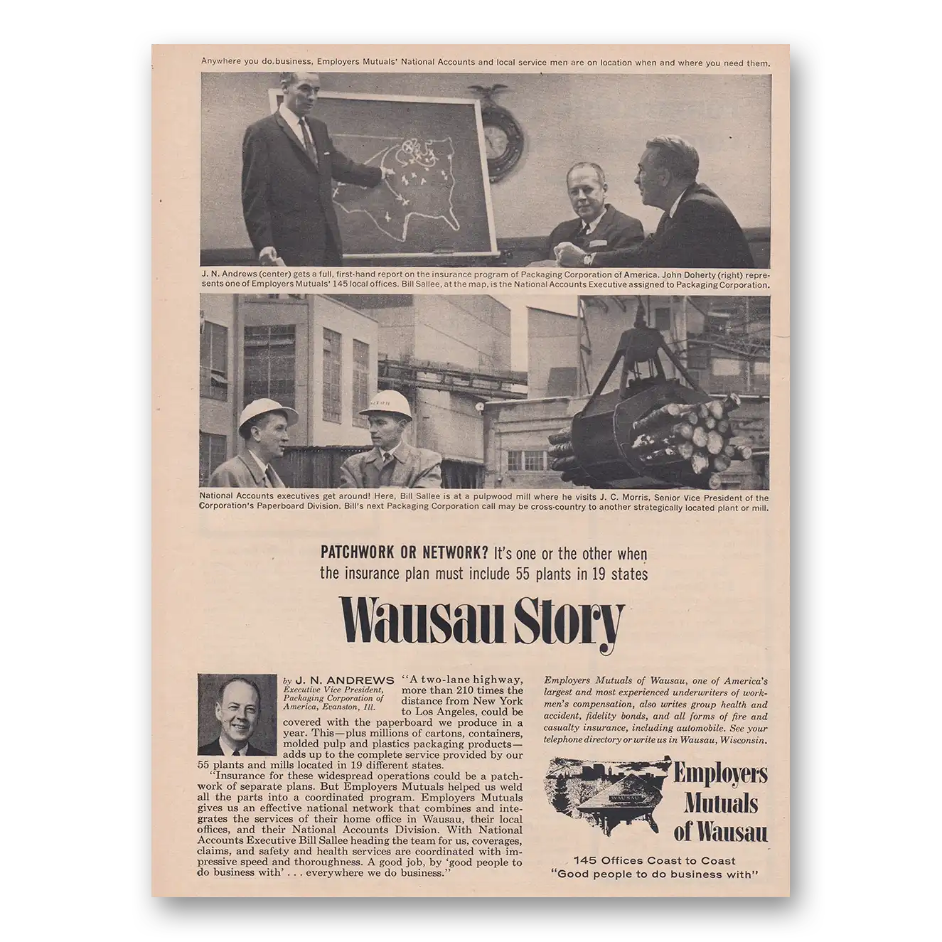 1963 Employers Insurance of Wausau Wausau Story Patchwork or Network Vintage Magazine Print Ad