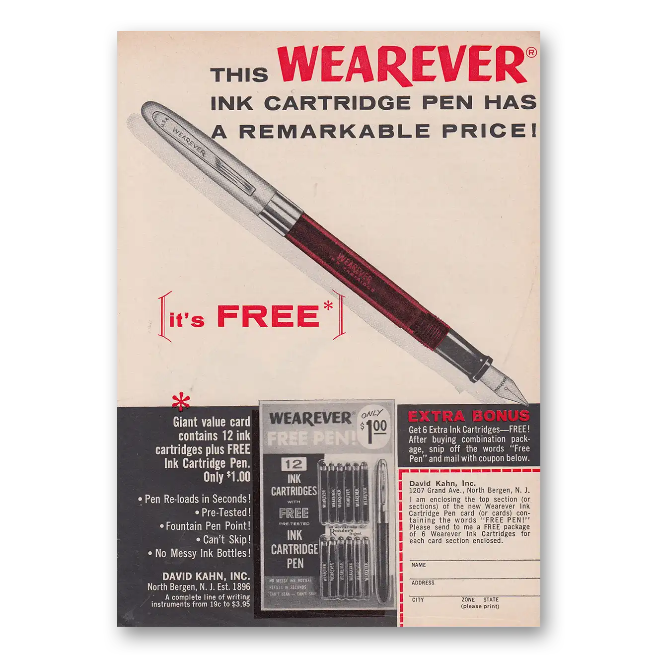 1963 Wearever Pens Wearever Ink Cartridge Pen Has a Remarkable Price Vintage Magazine Print Ad