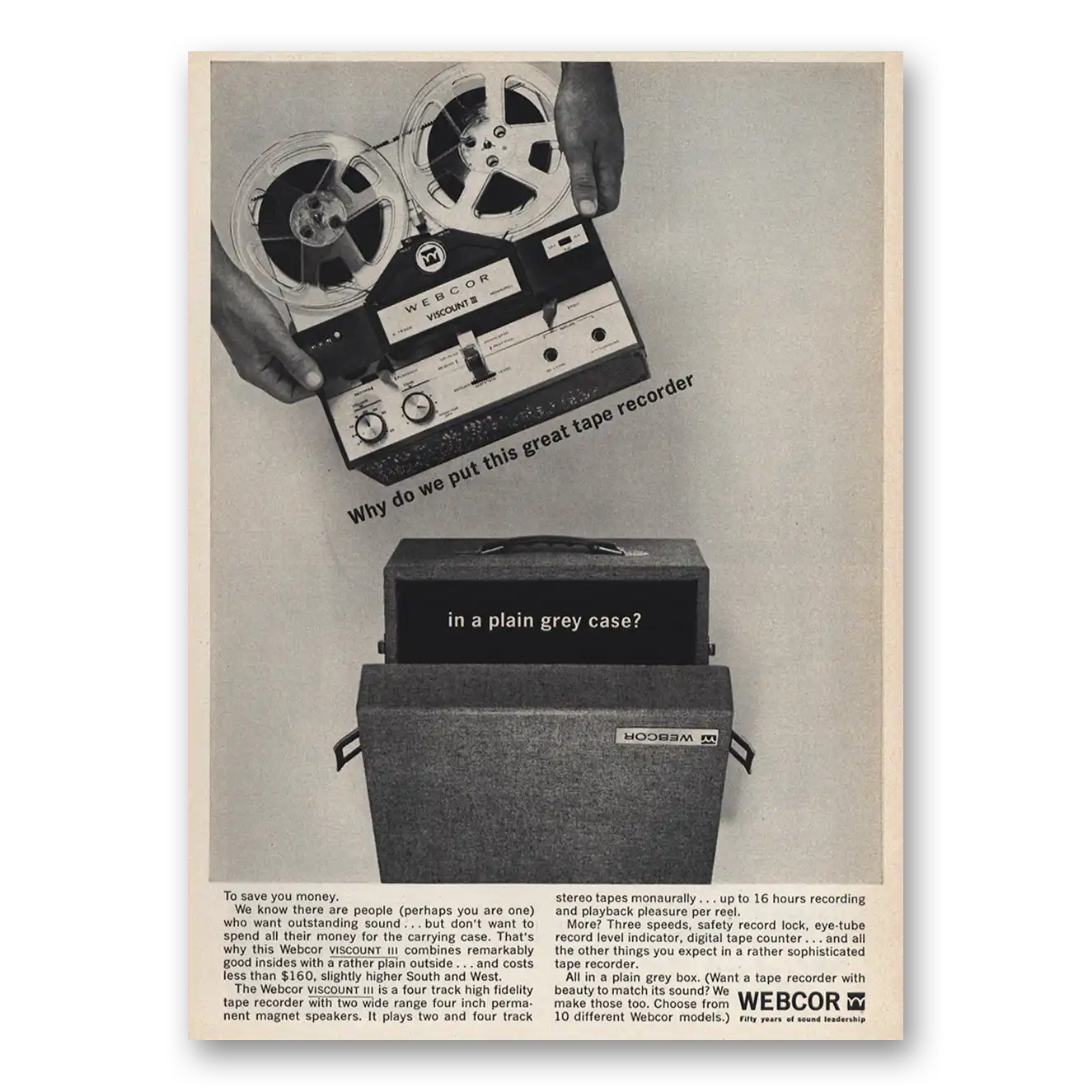 1963 Webcor Stereo Great Tape Recorder Plain Grey Case Vintage Magazine Print Ad