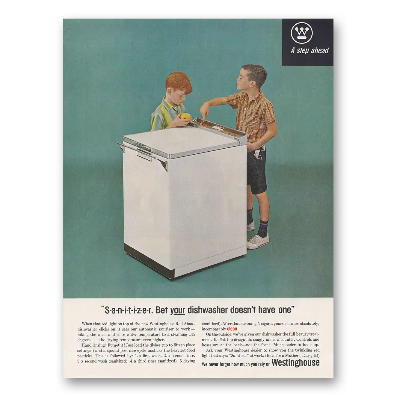 1963 Westinghouse Washer Sanitizer Bet Your Dishwasher Doesn't Have One Vintage Magazine Print Ad