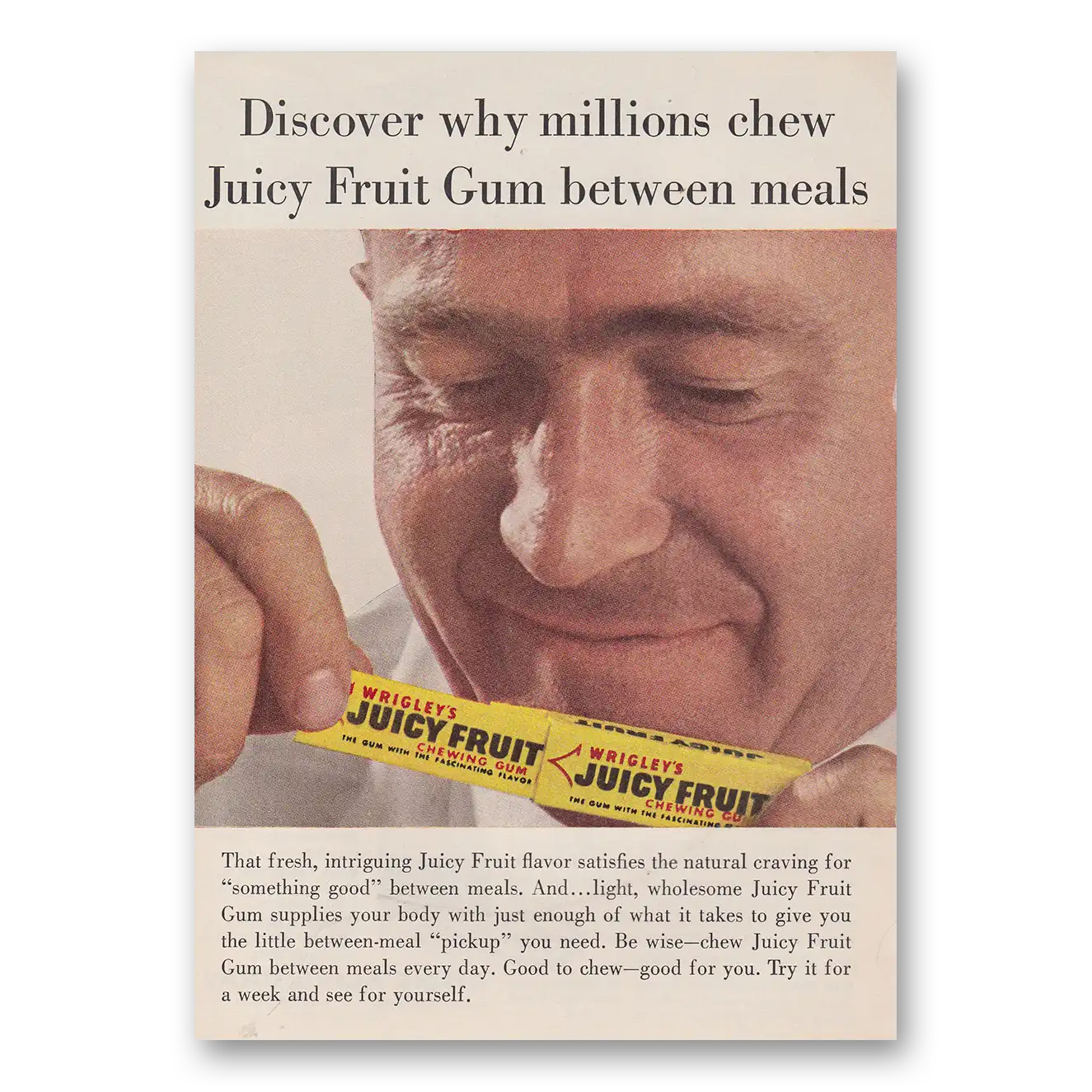 1963 Wrigleys Gum Millions Chew Juicy Fruit Gum Between Meals Vintage Magazine Print Ad