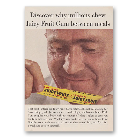 1963 Wrigleys Gum Millions Chew Juicy Fruit Gum Between Meals Vintage Magazine Print Ad