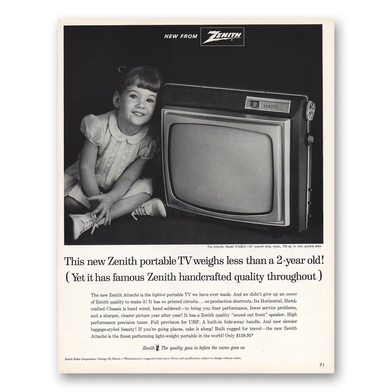 1963 Zenith Television Weighs Less Than 2 Year Old Vintage Magazine Print Ad