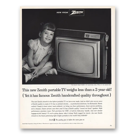 1963 Zenith Television Weighs Less Than 2 Year Old Vintage Magazine Print Ad