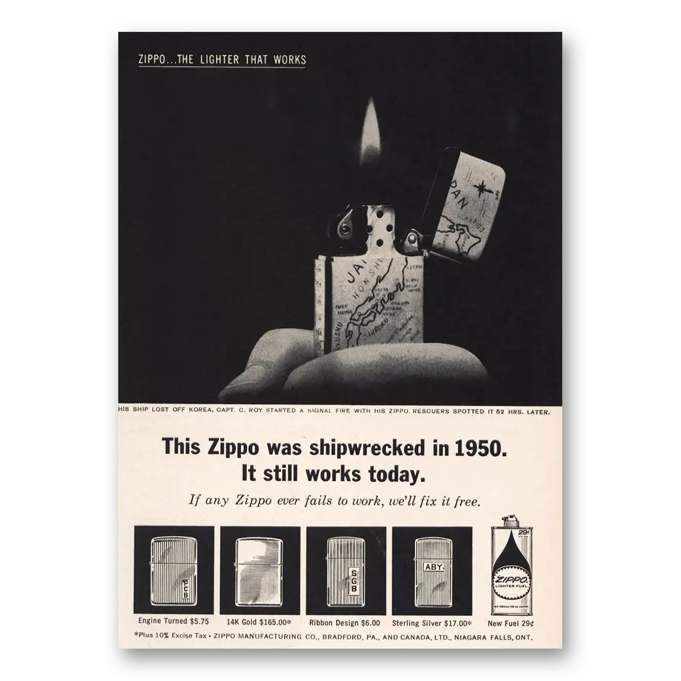 1963 Zippo Lighter Shipwrecked in It Still Works Today Vintage Magazine Print Ad