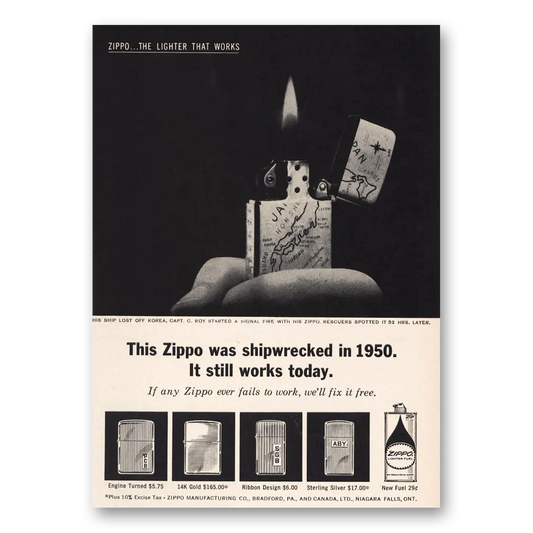 1963 Zippo Lighter Shipwrecked in It Still Works Today Vintage Magazine Print Ad