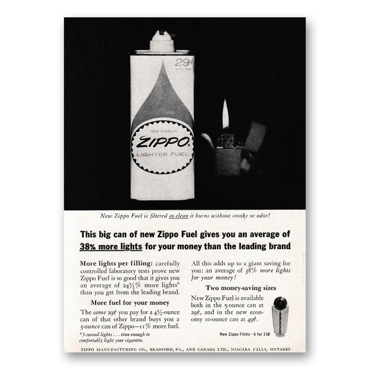 1963 Zippo Lighter Big Can of New Zippo Fuel Vintage Magazine Print Ad