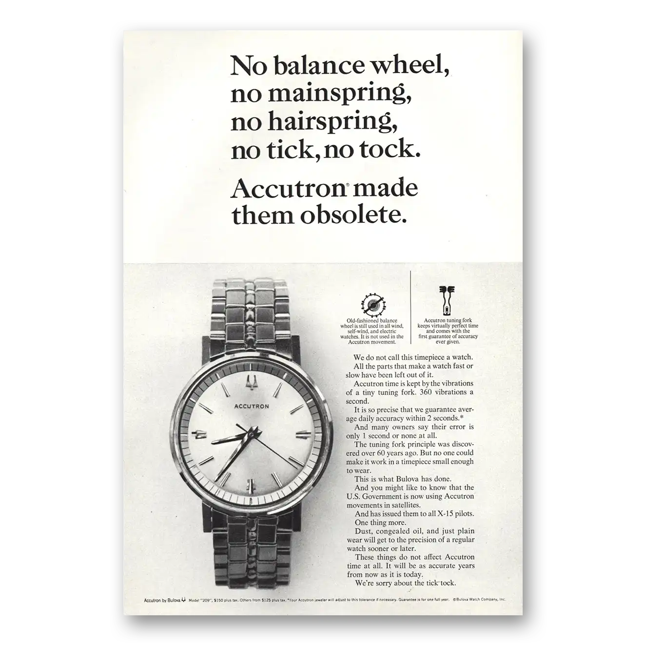 1964 Accutron Watch No Balance Wheel Mainspring Hairspring Vintage Magazine Print Ad