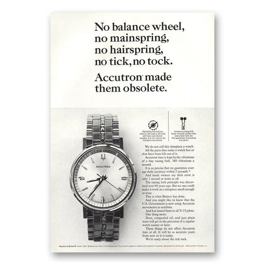 1964 Accutron Watch No Balance Wheel Mainspring Hairspring Vintage Magazine Print Ad