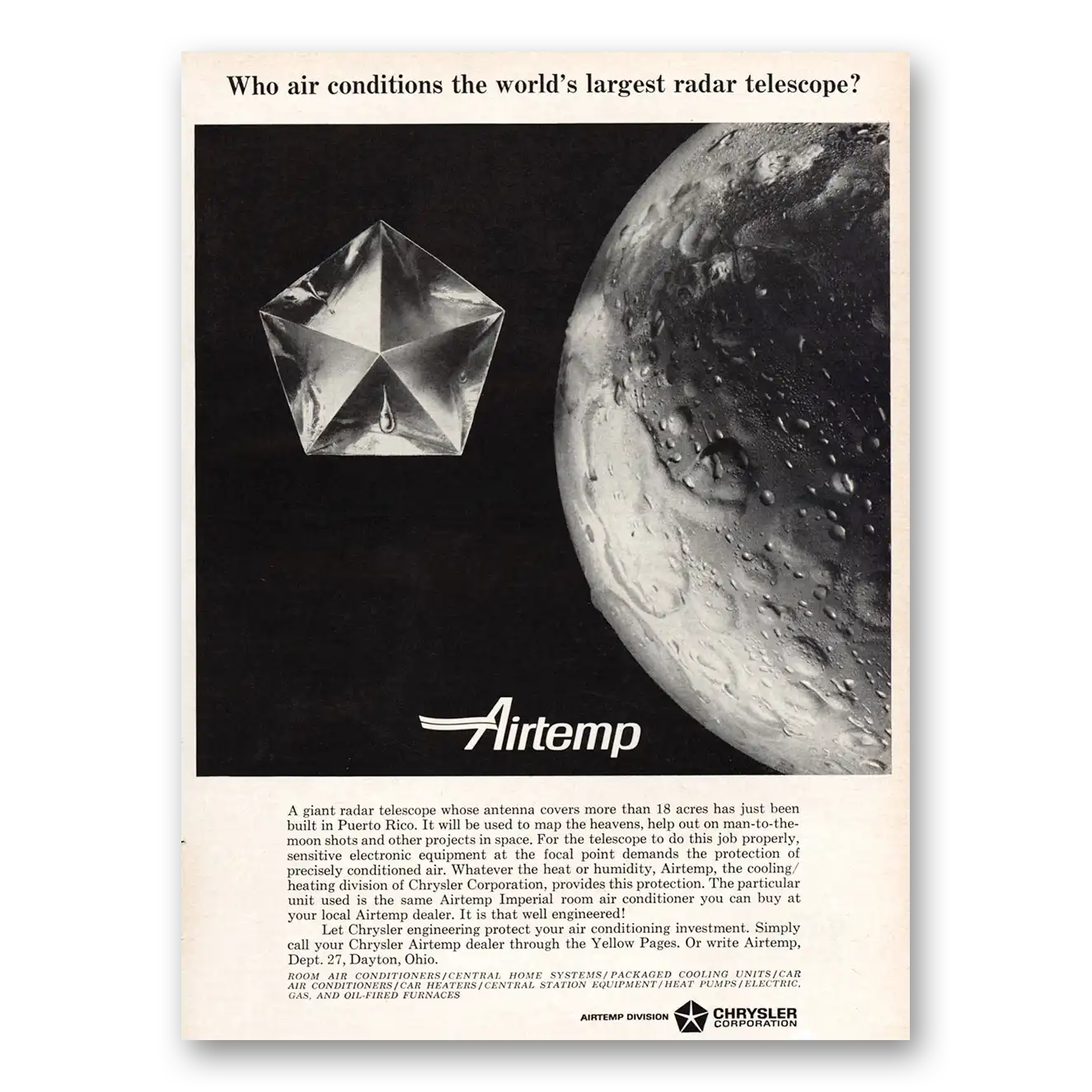 1964 Airtemp Air Conditioning Air Conditions Worlds Largest Radar Telescope Vintage Magazine Print Ad