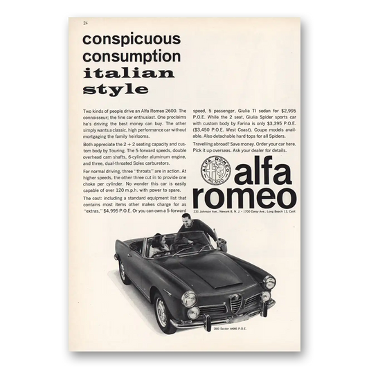 1964 Alfa Romeo Italian Style Vintage Magazine Print Ad