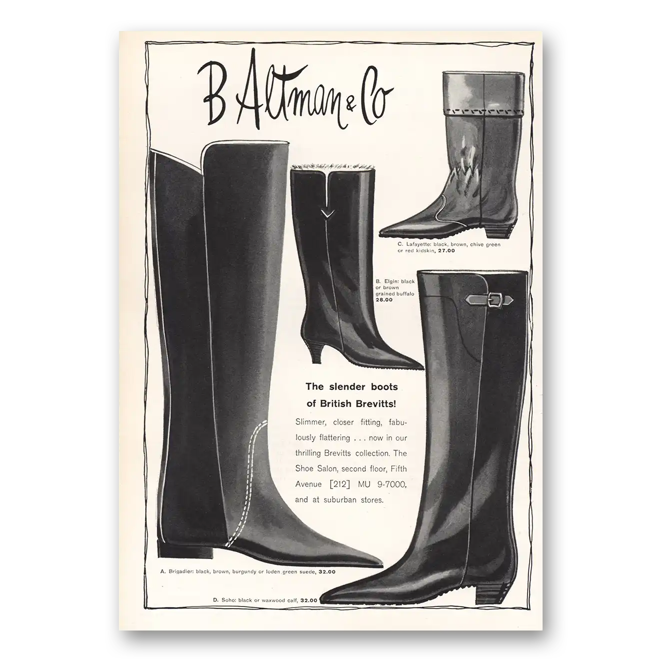 1964 B Altman Slender Boots British Brevitts Vintage Magazine Print Ad