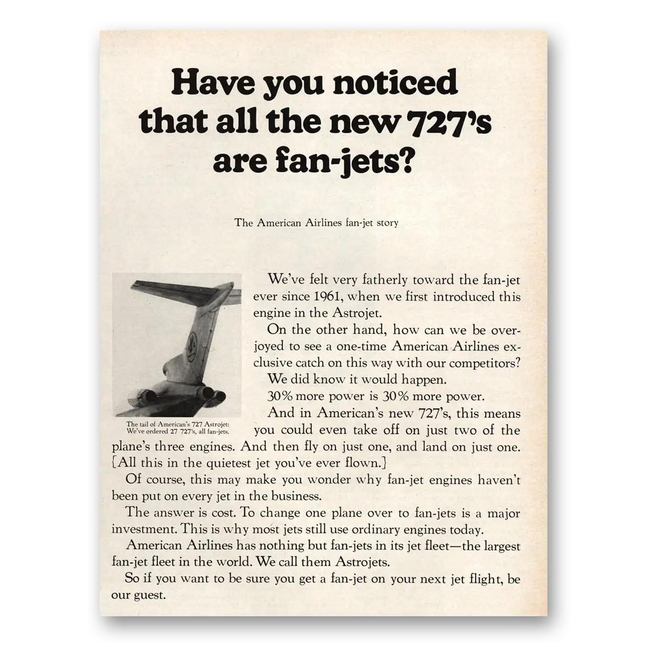 1964 American Airlines All the New 727s Are Fan Jets Vintage Magazine Print Ad