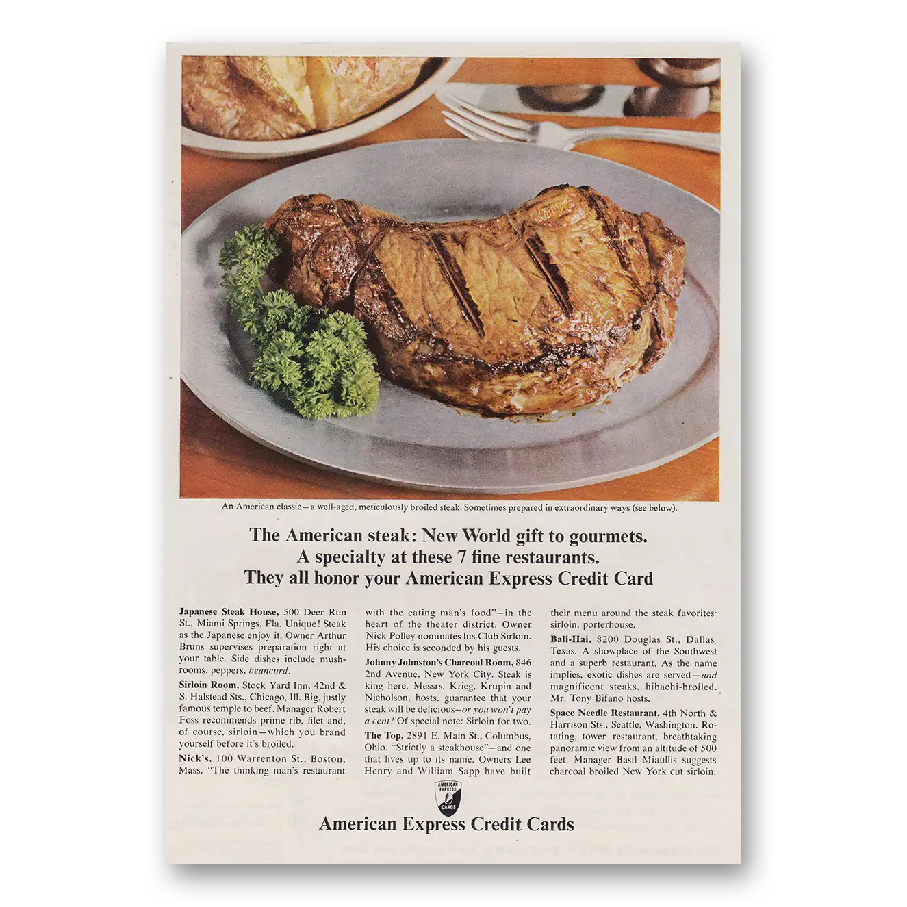 1964 American Express American Steak Vintage Magazine Print Ad