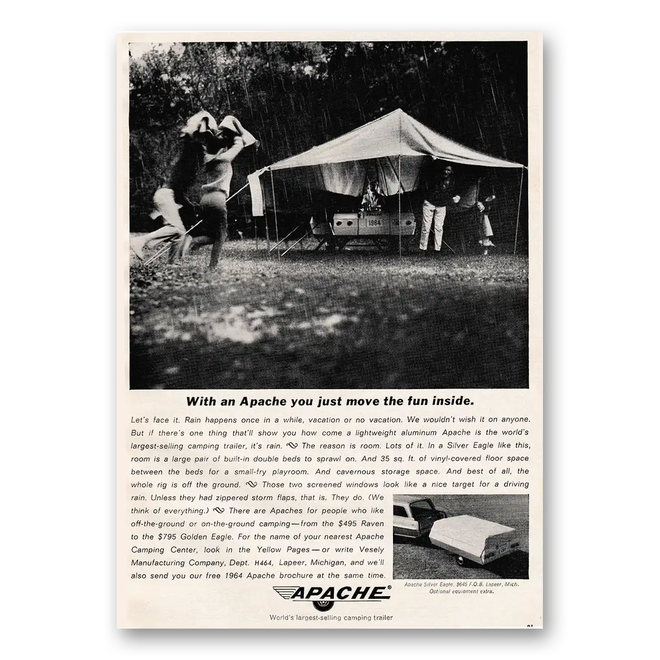 1964 Apache Silver Eagle Camping Trailer You Just Move the Fun Inside Vintage Magazine Print Ad