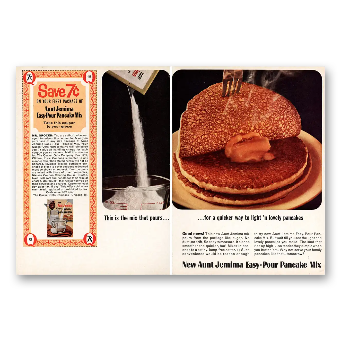 1964 Aunt Jemima Low Pour Pancake Mix Coupon Vintage Magazine Print Ad