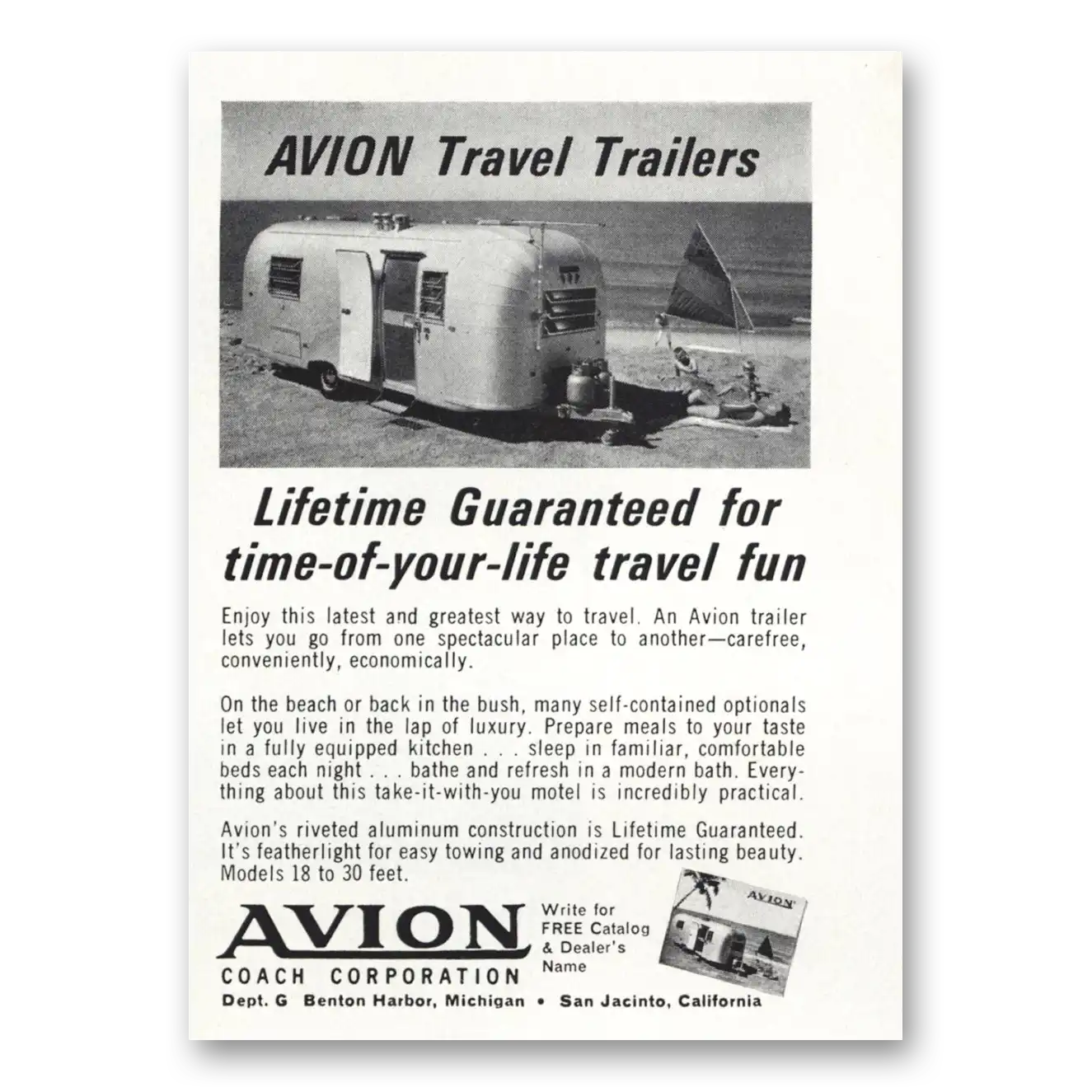 1964 Avion Coach Lifetime Guaranteed for Time of Your Life Travel Fun Beach Vintage Magazine Print Ad