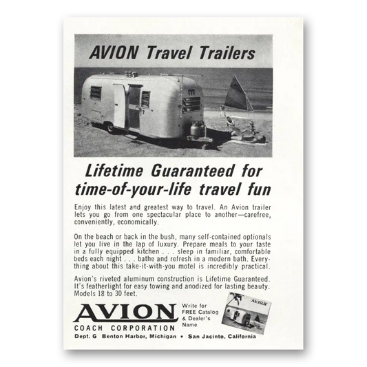 1964 Avion Coach Lifetime Guaranteed for Time of Your Life Travel Fun Beach Vintage Magazine Print Ad