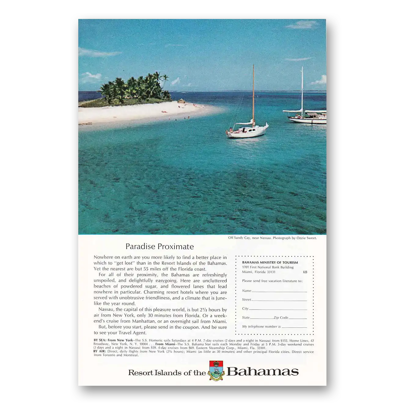 1964 Bahamas Sandy Cay Paradise Proximate Vintage Magazine Print Ad