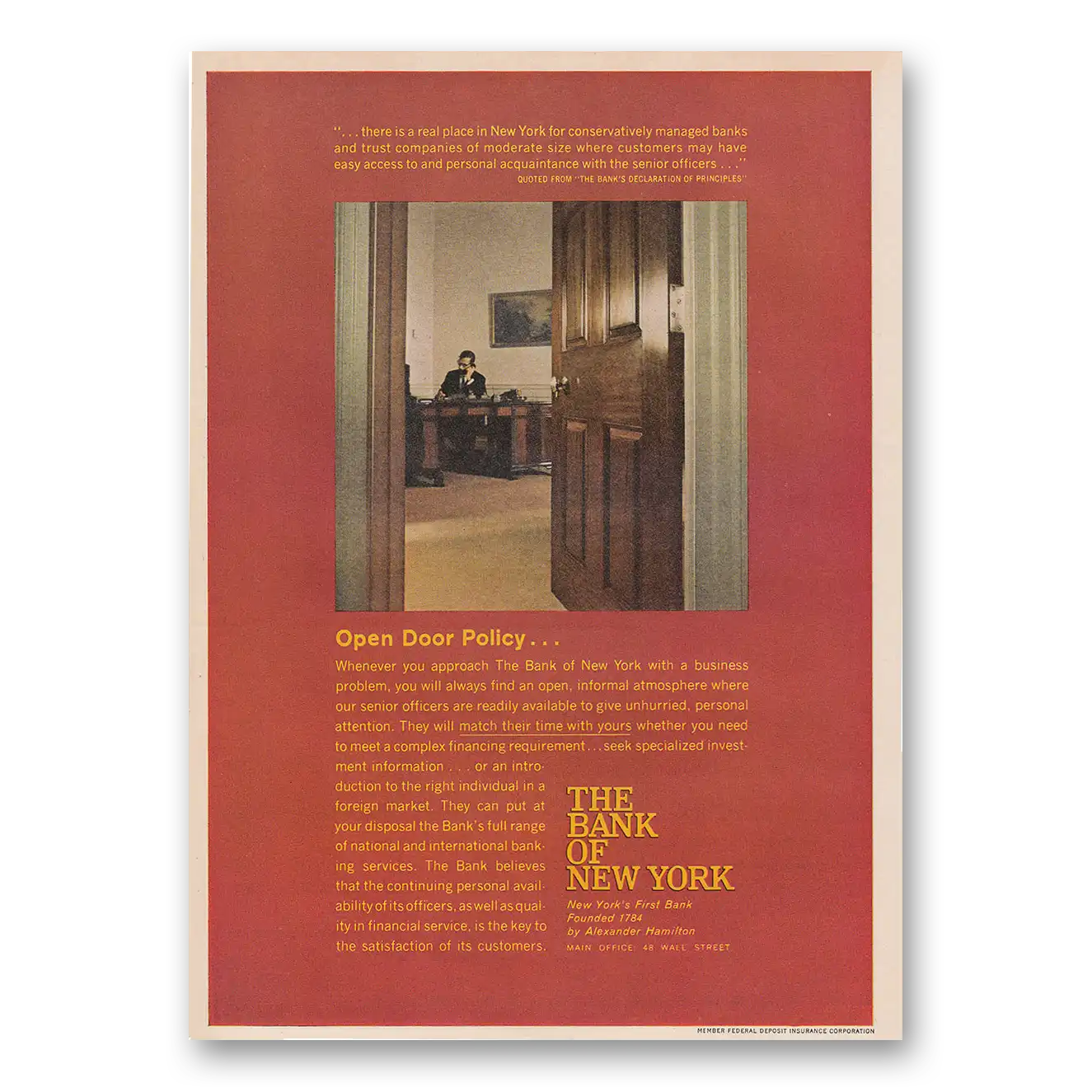 1964 Bank of New York Open Door Policy Vintage Magazine Print Ad