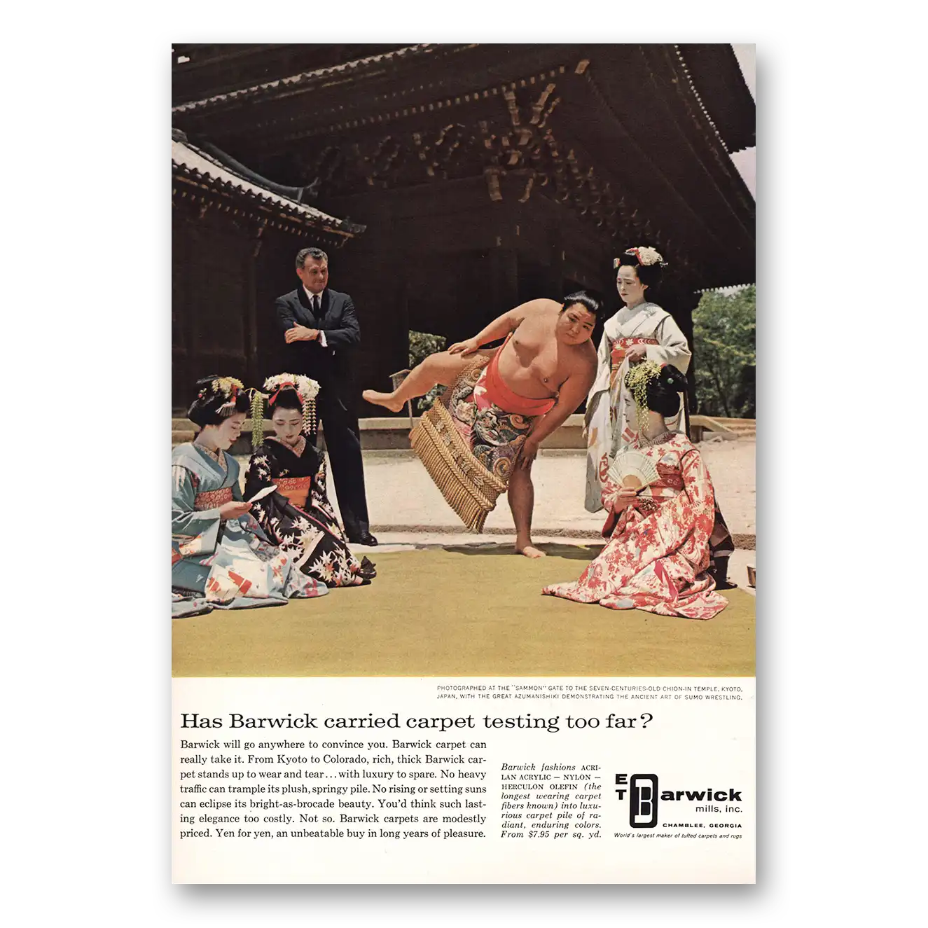 1964 Barwick Mills Carpet Chion In Temple Vintage Magazine Print Ad