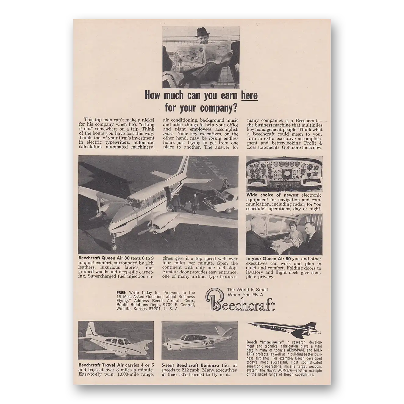 1964 Beechcraft Queen Air How Much Can You Earn Here Vintage Magazine Print Ad