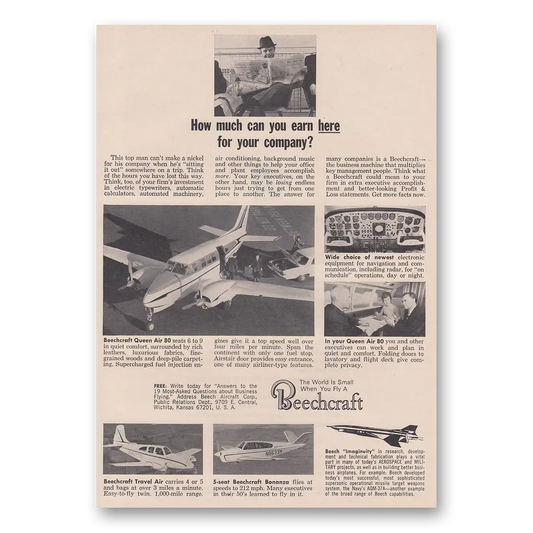 1964 Beechcraft Queen Air How Much Can You Earn Here Vintage Magazine Print Ad