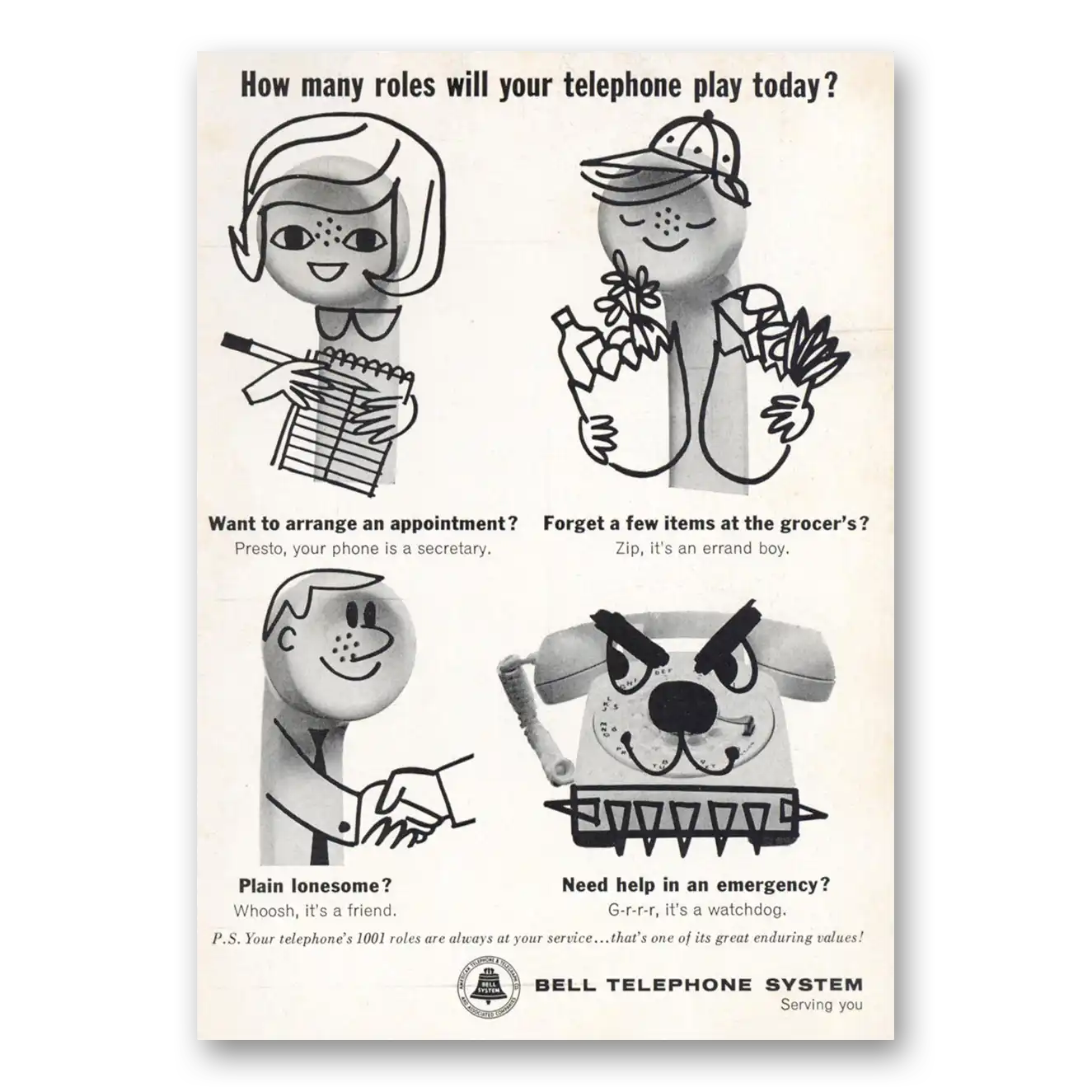 1964 Bell Telephone How Many Roles Will Your Telephone Play Today Vintage Magazine Print Ad