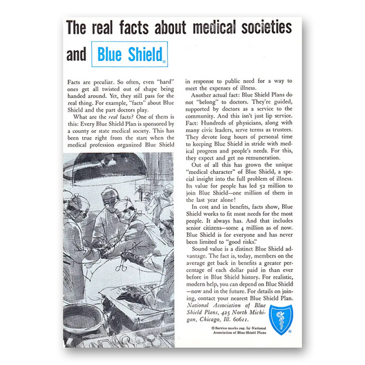 1964 Blue Cross Insurance Real Facts About Medical Societies Vintage Magazine Print Ad