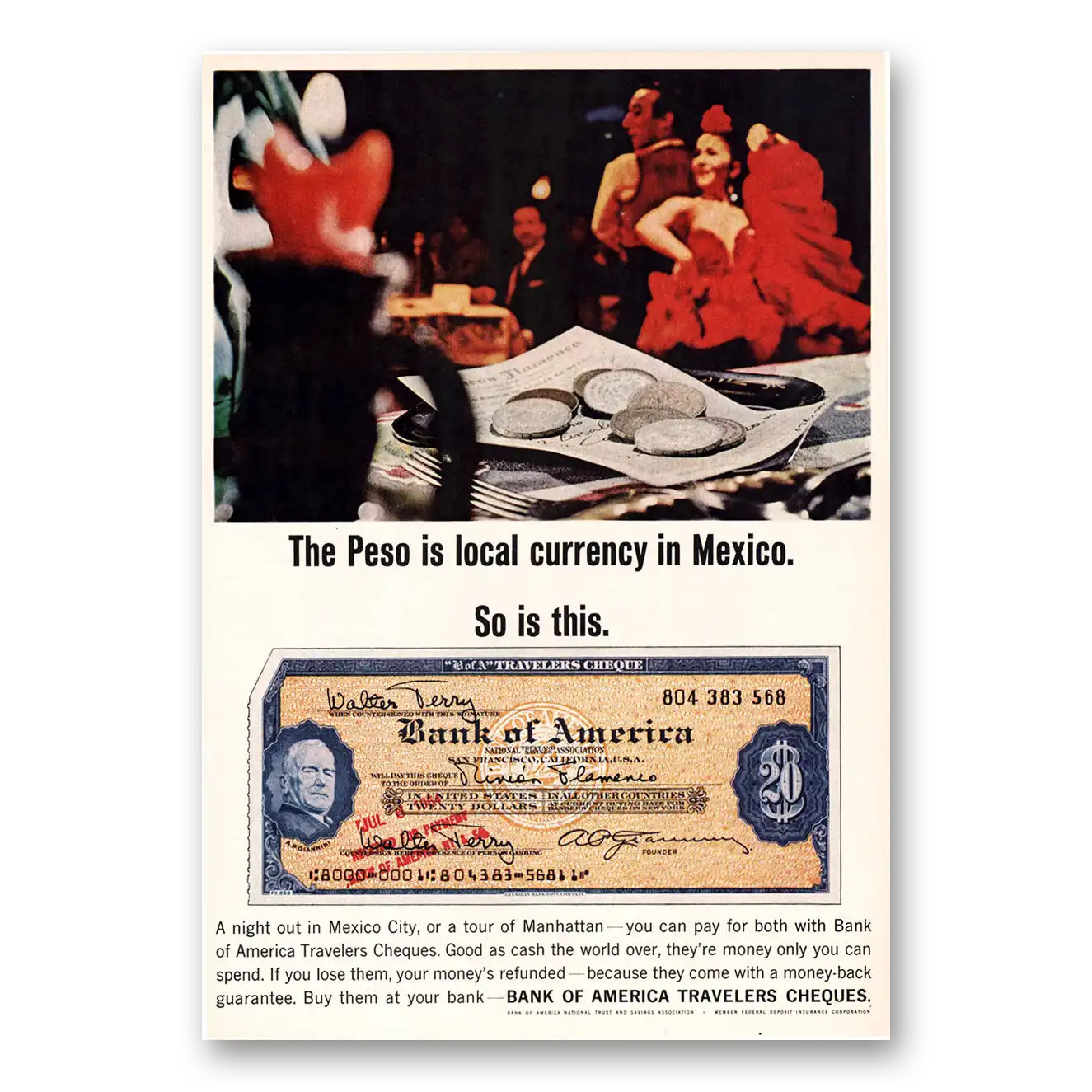 1964 Bank of America Travelers Cheques Peso Is Local Currency Mexico Vintage Magazine Print Ad