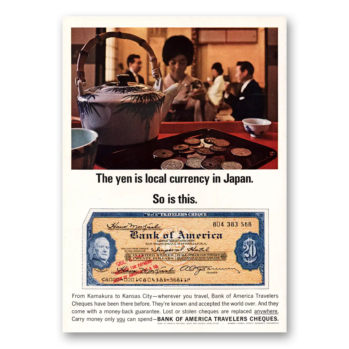 1964 Bank of America Travelers Cheques Yen Local Currency In Japan Vintage Magazine Print Ad