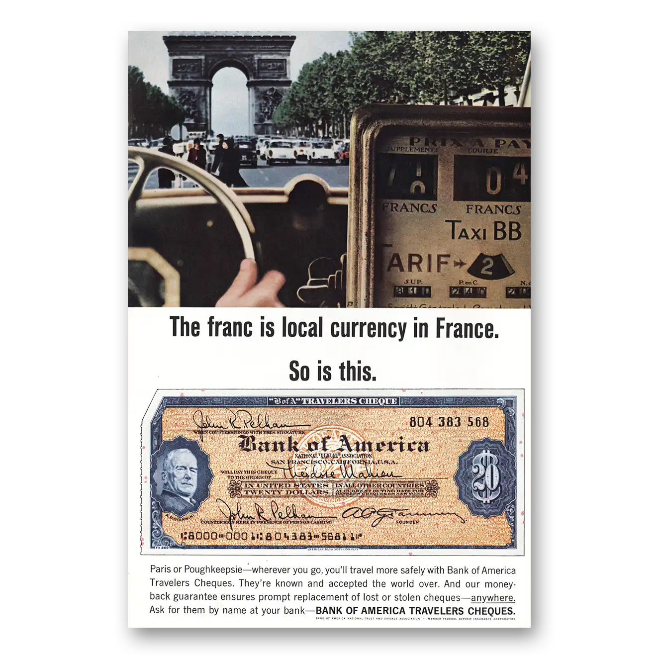 1964 Bank of America Travelers Cheques Franc is Local Currency in France Vintage Magazine Print Ad