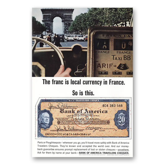 1964 Bank of America Travelers Cheques Franc is Local Currency in France Vintage Magazine Print Ad