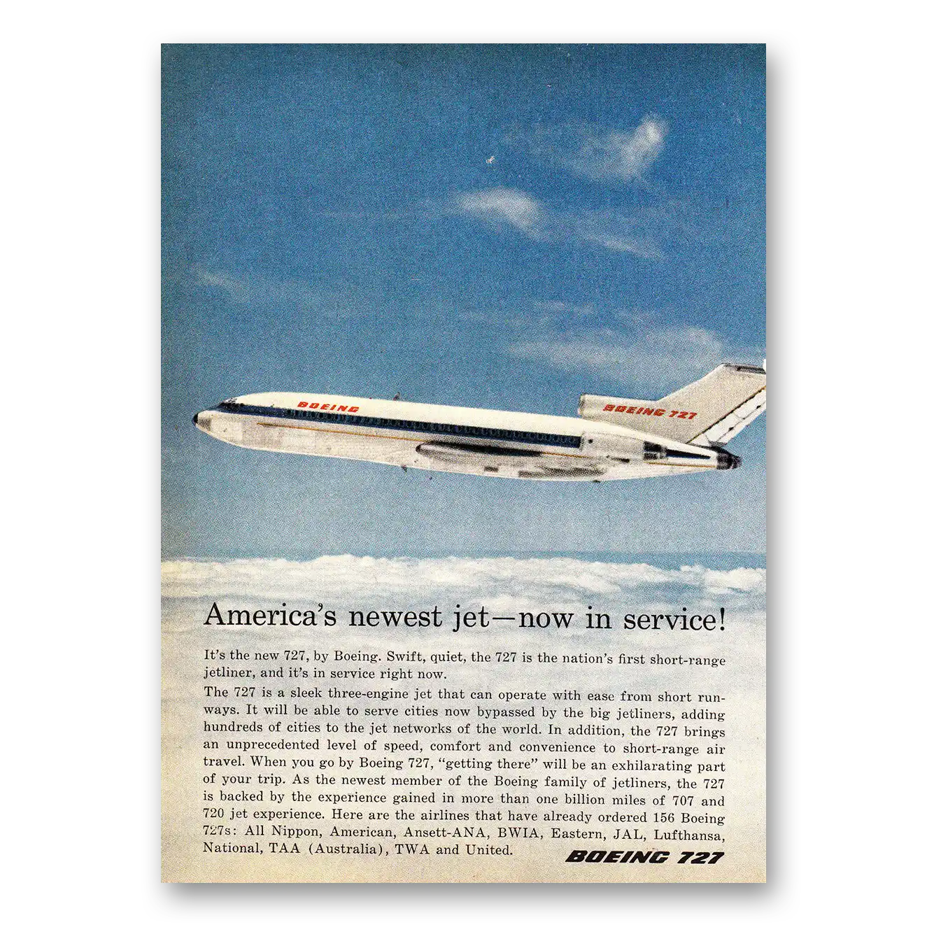 1964 Boeing 727 Americas Newest Jet Now In Service Vintage Magazine Print Ad