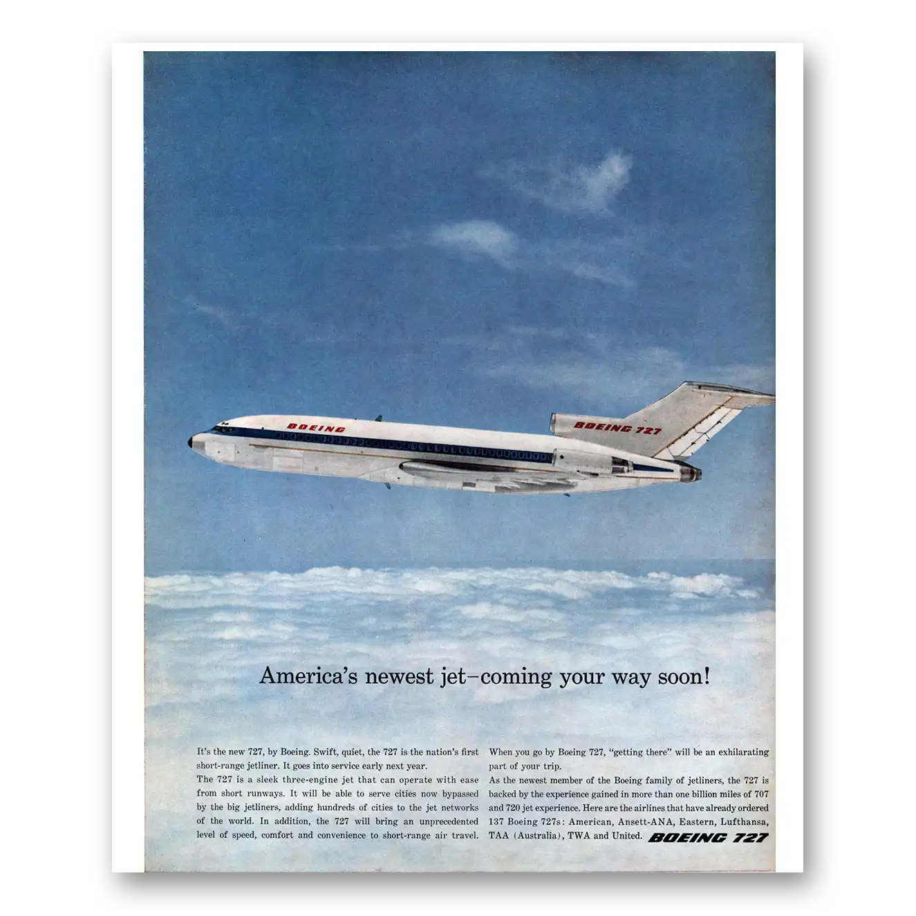 1964 Boeing 727 Newest Jet Coming Your Way Soon Vintage Magazine Print Ad