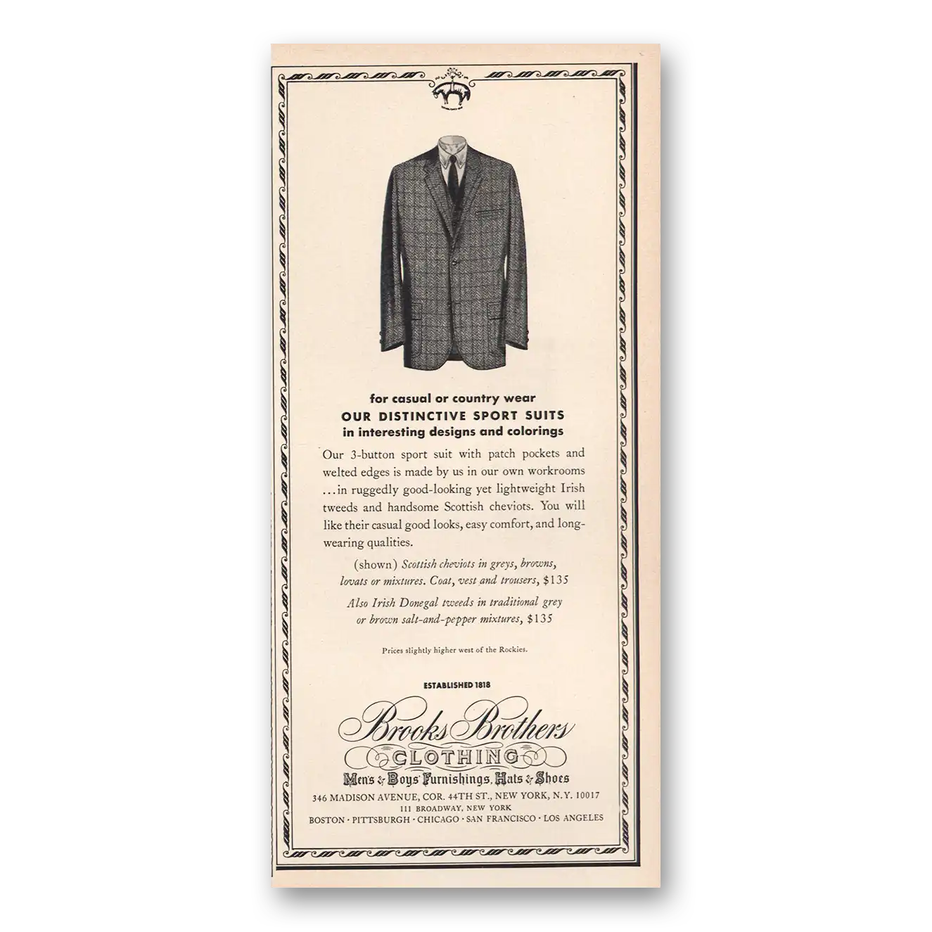 1964 Brooks Brothers Distinctive Sport Suits Vintage Magazine Print Ad