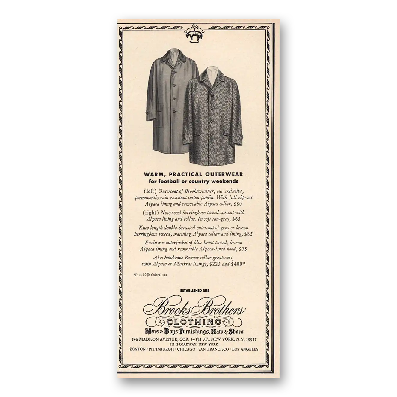 1964 Brooks Brothers Warm Practical Outerwear Vintage Magazine Print Ad