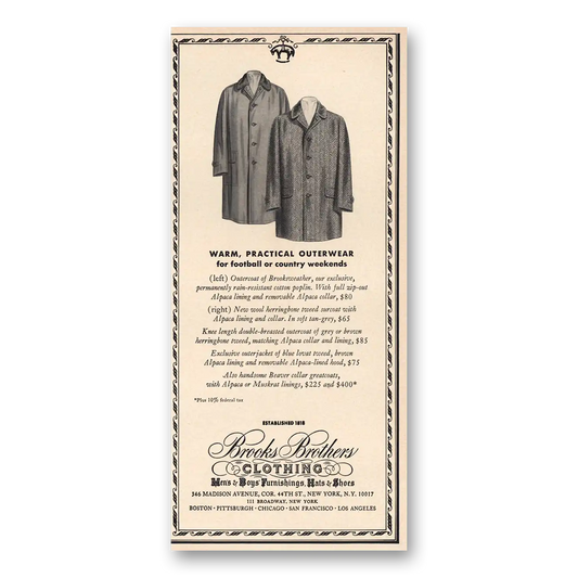 1964 Brooks Brothers Warm Practical Outerwear Vintage Magazine Print Ad