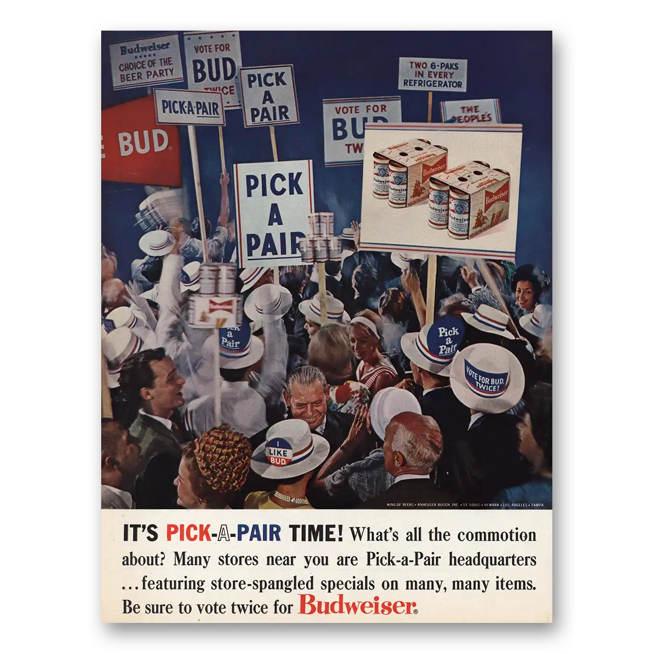 1964 Budweiser Beer Pick a Pair Vote for Bud Vintage Magazine Print Ad