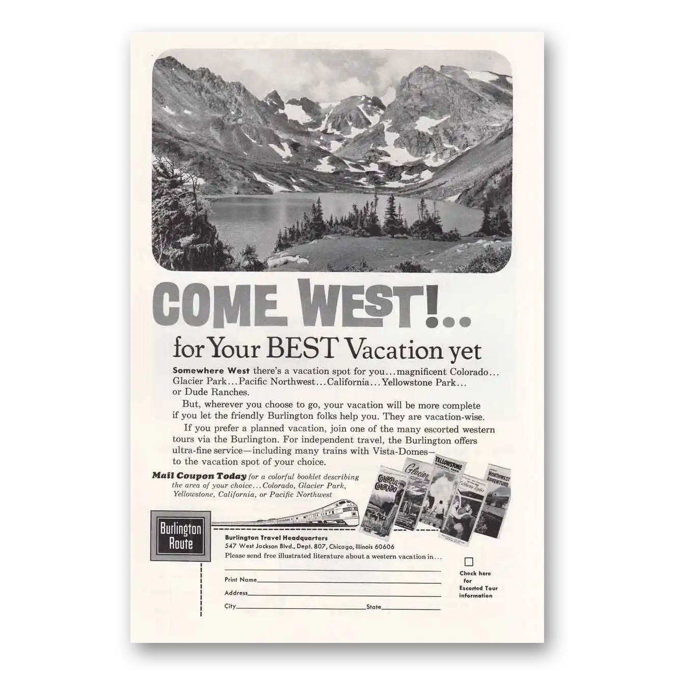 1964 Burlington Route Come West Vintage Magazine Print Ad