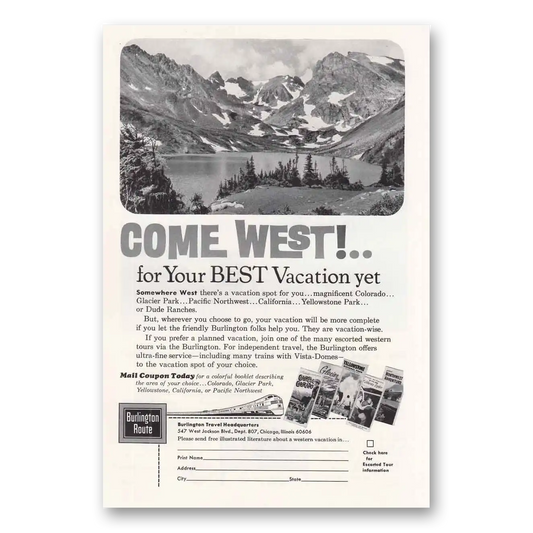 1964 Burlington Route Come West Vintage Magazine Print Ad